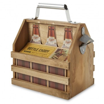 Wooden Beer Bottle Caddy with Opener